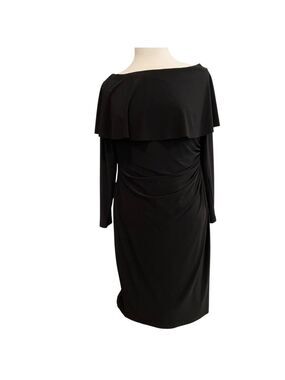 Ralph Lauren black jersey dress asymmetrical long sleeves flattering waist  12